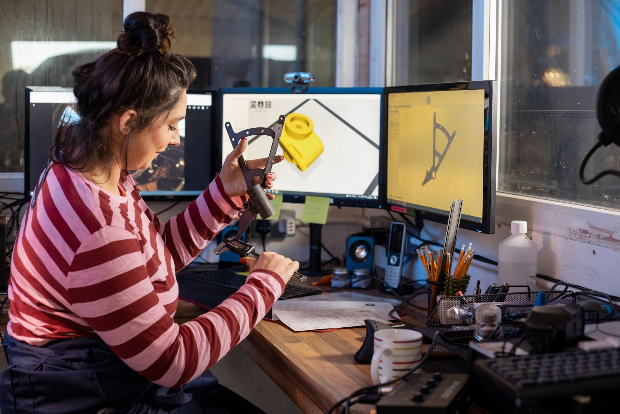 Mechanical engineering student studying with precision tools